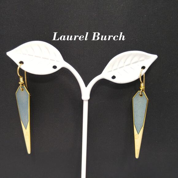 Laurel Burch Long Blue Enamel Earrings Gold Plated Cloisonné Dangle 1980s - Picture 1 of 10